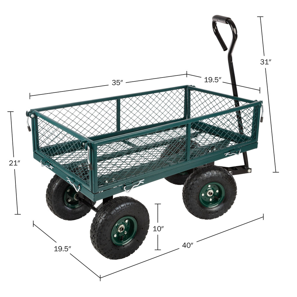 Garden Cart Rolling Wagon 650lb Capacity All Terrain Wheels Removable Sides Green Image 2