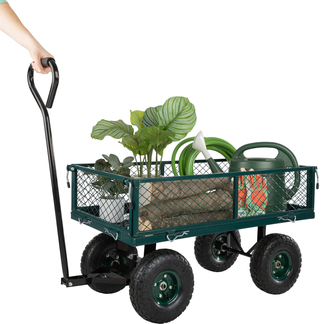 Garden Cart Rolling Wagon 650lb Capacity All Terrain Wheels Removable Sides Green Image 3