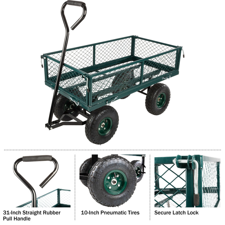 Garden Cart Rolling Wagon 650lb Capacity All Terrain Wheels Removable Sides Green Image 4