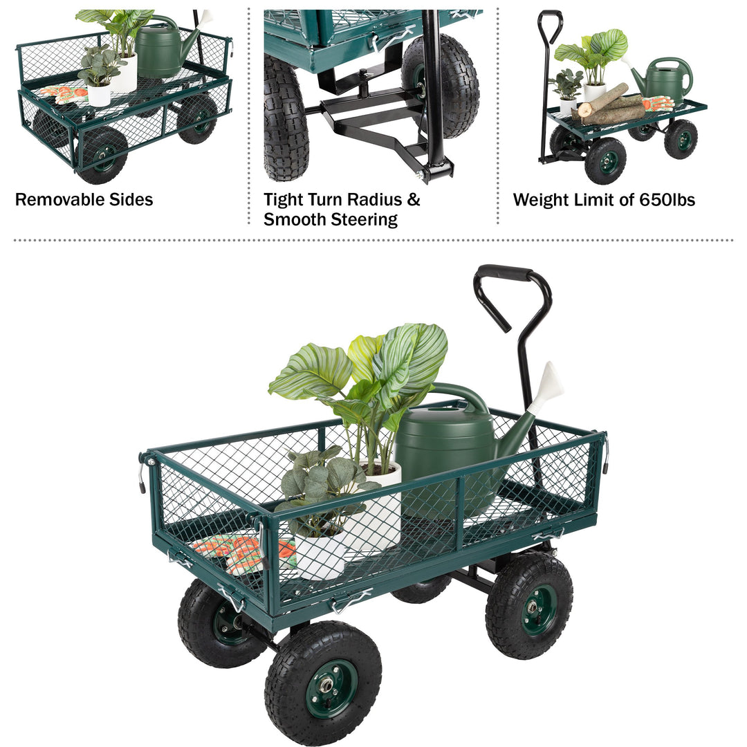 Garden Cart Rolling Wagon 650lb Capacity All Terrain Wheels Removable Sides Green Image 5