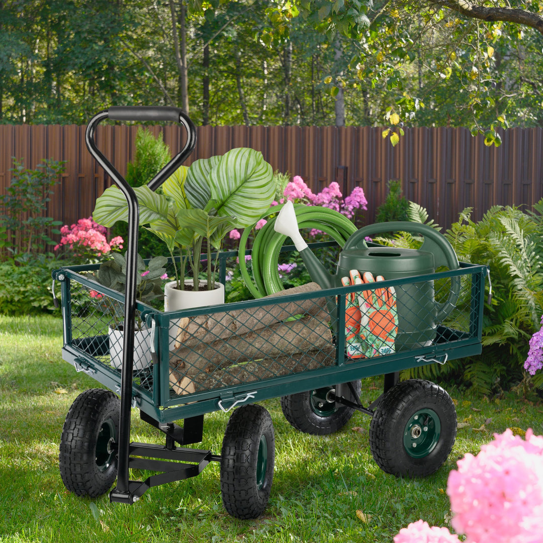 Garden Cart Rolling Wagon 650lb Capacity All Terrain Wheels Removable Sides Green Image 6