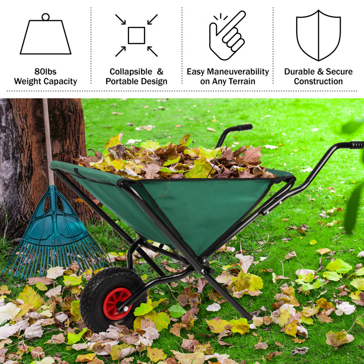 Folding Wheelbarrow Collapsible Garden Cart 80lb Capacity Green and Black Image 5