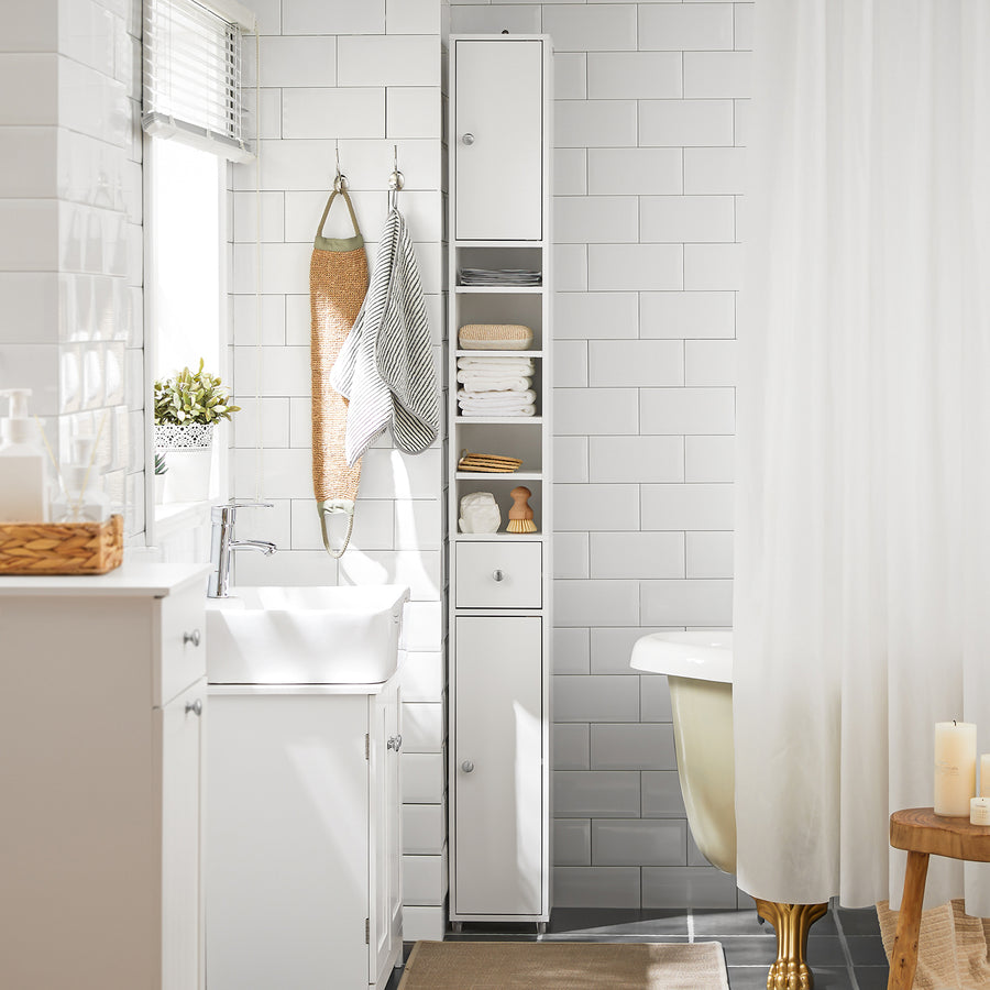 Haotian BZR34-W, White Bathroom Tall Cabinet with 1 Drawer, 2 Doors and Adjustable Shelves Image 1