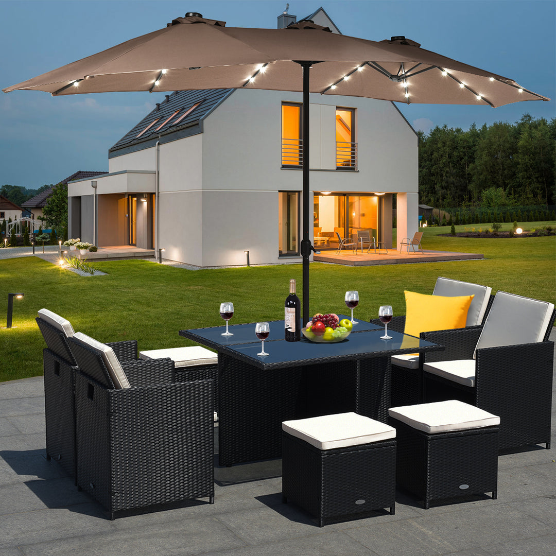 15Ft Patio Double-Sided Solar LED Market Umbrella Crank Base BeigeTanOrangeBurgundy Image 1