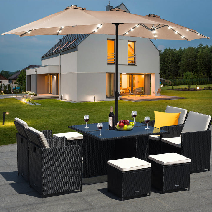 15Ft Patio Double-Sided Solar LED Market Umbrella Crank Base BeigeTanOrangeBurgundy Image 4