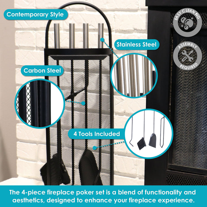 Sunnydaze 4-Piece Fireplace Tool Set with Mesh Shroud Holder Image 4