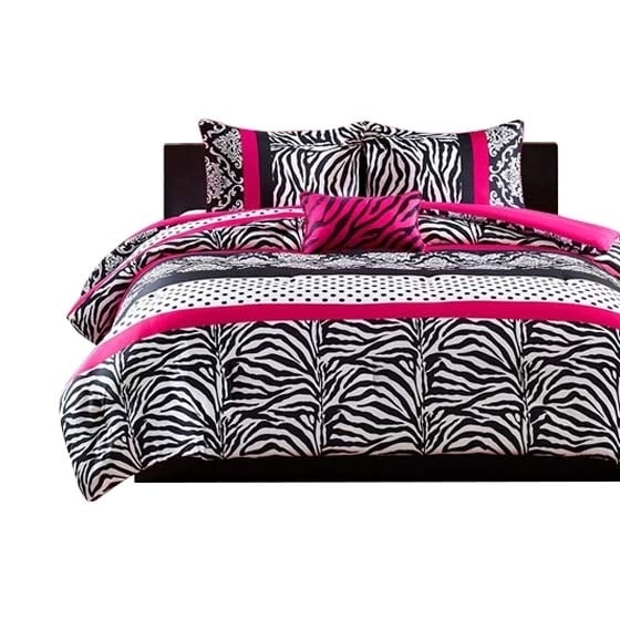 Gracie Mills 4-Piece Zebra Striped Comforter Set Black White Pink GRACE-6083 Image 1