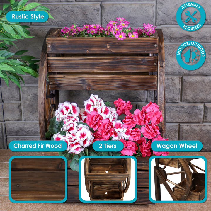 Sunnydaze 2-Tier Fir Wood Wagon Wheel Planter - Charred Fir Image 2