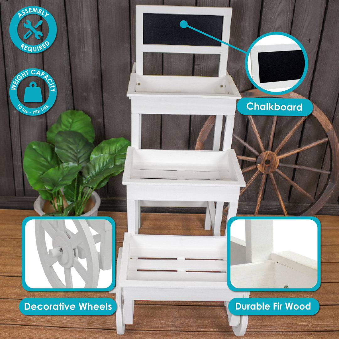 Sunnydaze 3-Tiered Fir Wood Plant Stand with Chalkboard - White Image 4