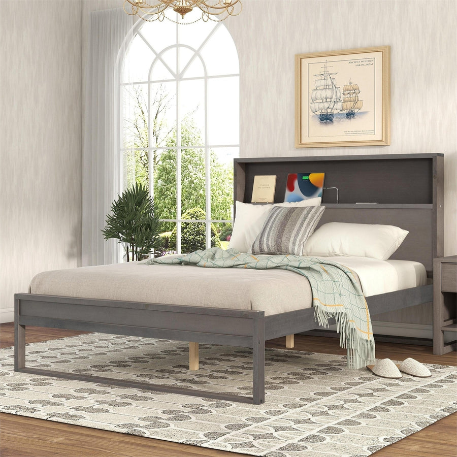 Full Size Platform Bed with Storage Headboard USB Ports and Sockets Antique Gray Image 1