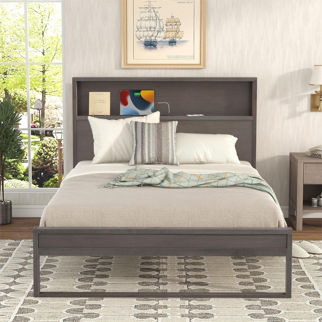 Full Size Platform Bed with Storage Headboard USB Ports and Sockets Antique Gray Image 2