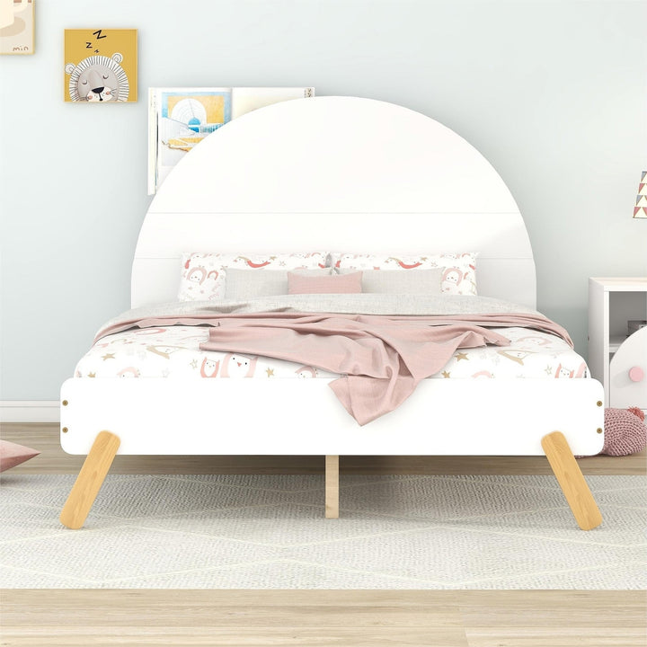 Full Size White Wooden Platform Bed with Curved Headboard and Shelf Storage Image 2