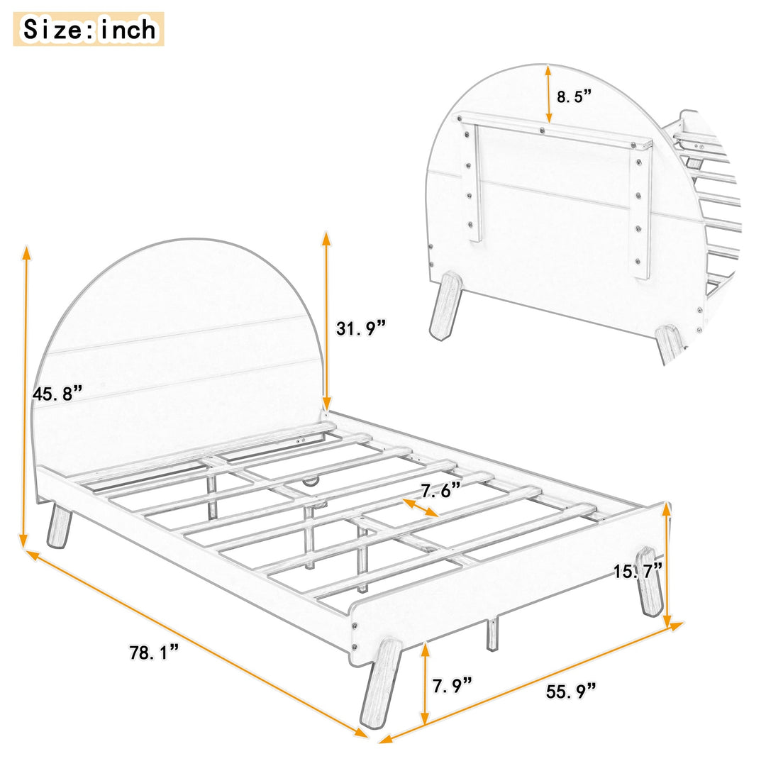 Full Size White Wooden Platform Bed with Curved Headboard and Shelf Storage Image 3