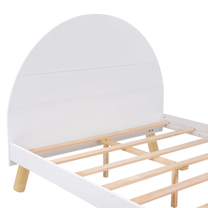 Full Size White Wooden Platform Bed with Curved Headboard and Shelf Storage Image 4