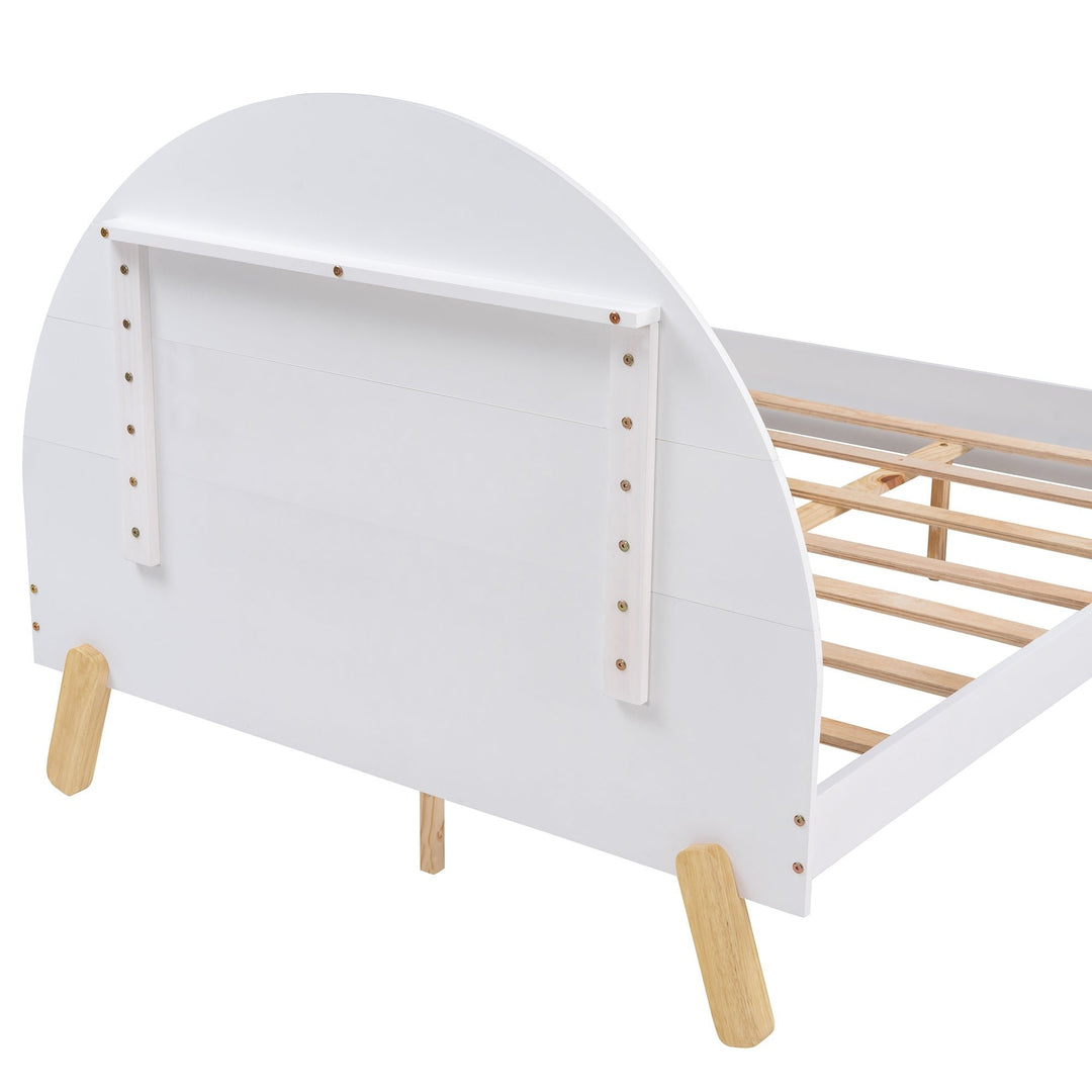 Full Size White Wooden Platform Bed with Curved Headboard and Shelf Storage Image 6