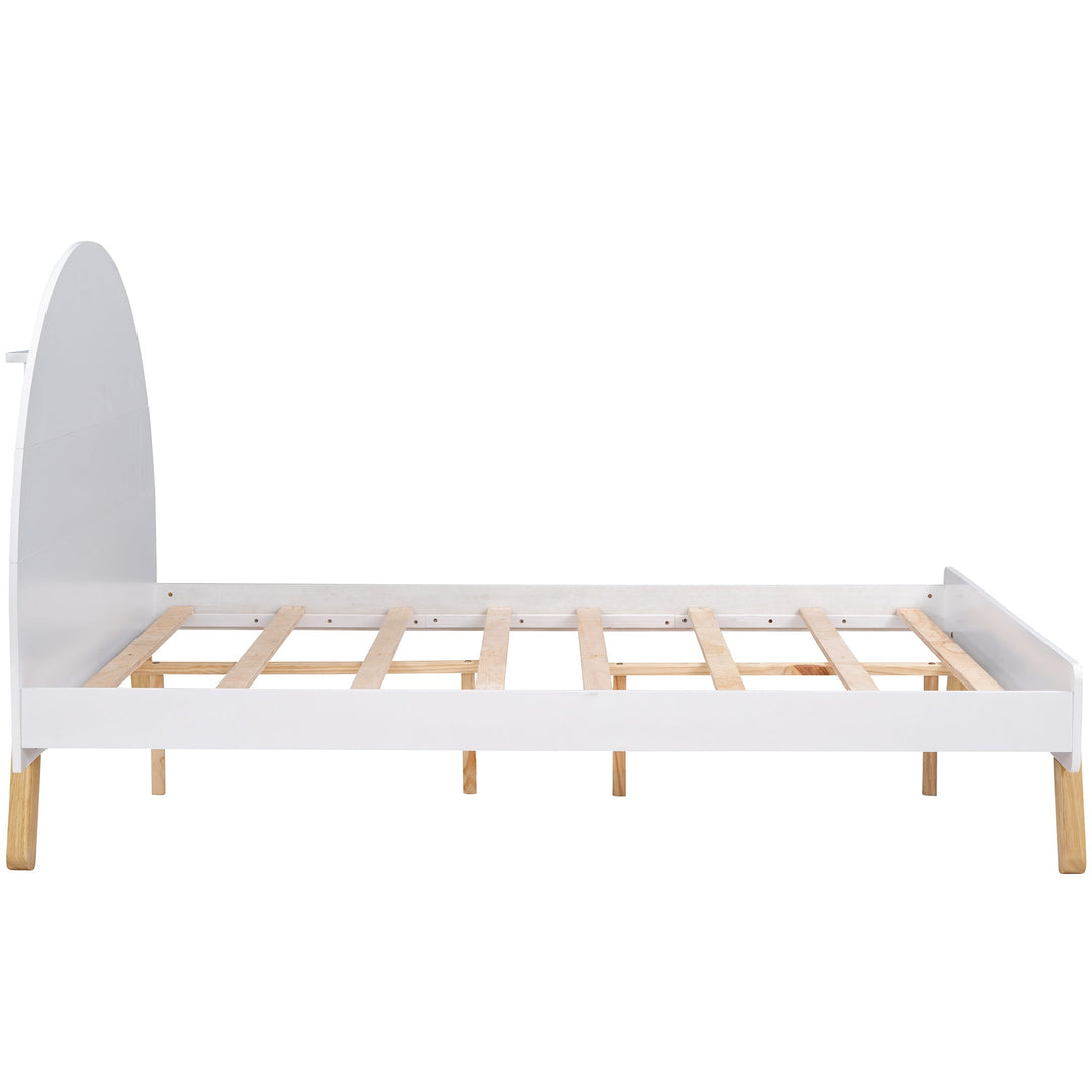 Full Size White Wooden Platform Bed with Curved Headboard and Shelf Storage Image 7