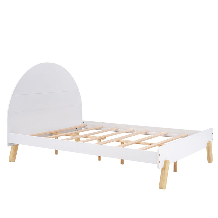 Full Size White Wooden Platform Bed with Curved Headboard and Shelf Storage Image 8