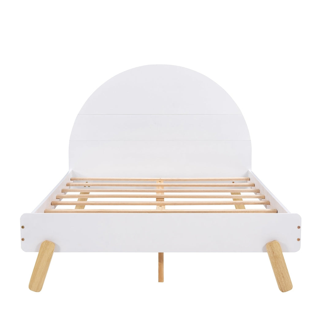 Full Size White Wooden Platform Bed with Curved Headboard and Shelf Storage Image 10