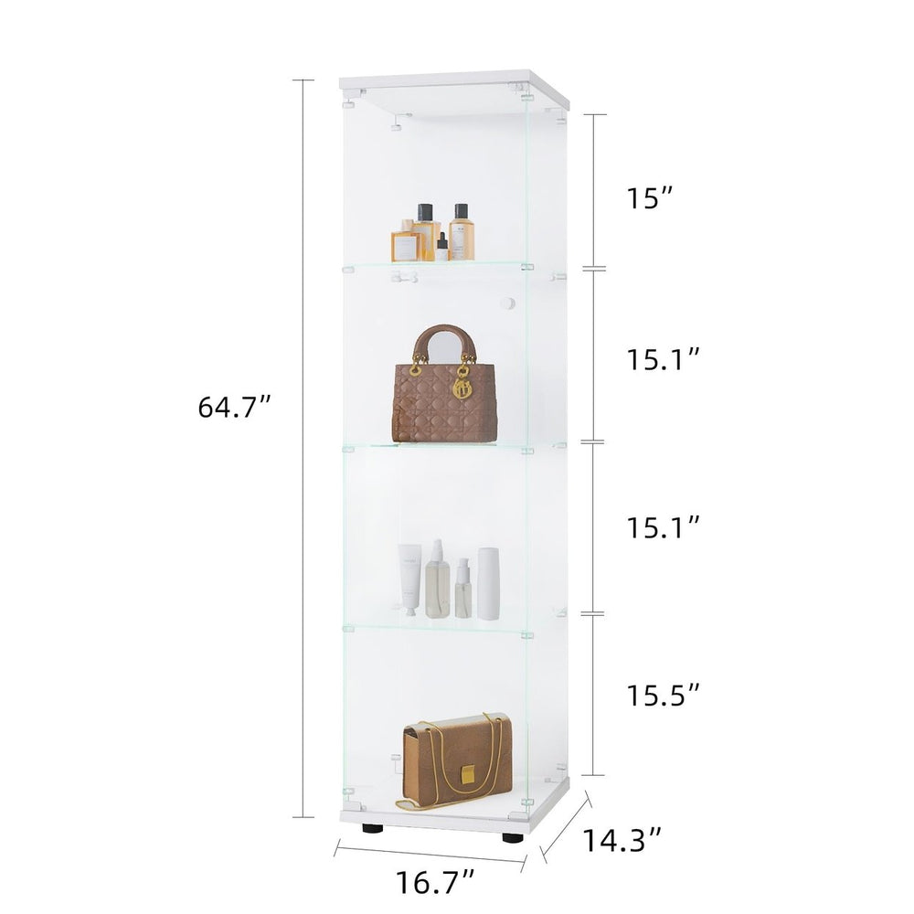 Glass Display Cabinet White 4 Shelves Floor Standing Curio Bookshelf 64.7in Image 2