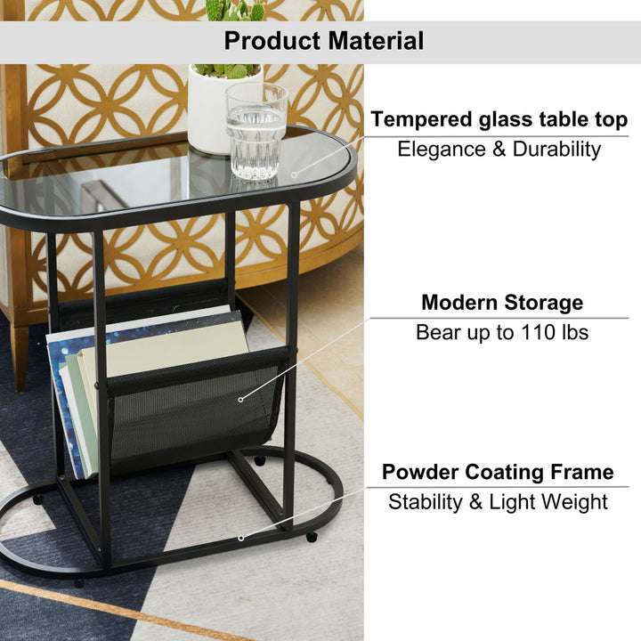 Glass Oval Small Side Tables Living Room Small Space With Magazines Organizer Storage Space (Set of 2) Image 4