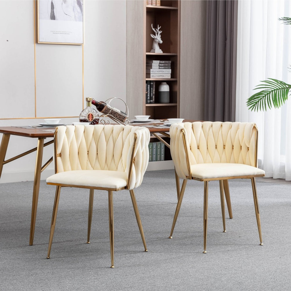 Modern Velvet Dining Chair Set of 2 with Golden Metal Frame and Legs Ivory Color Image 2