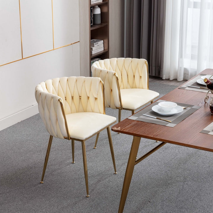 Modern Velvet Dining Chair Set of 2 with Golden Metal Frame and Legs Ivory Color Image 7