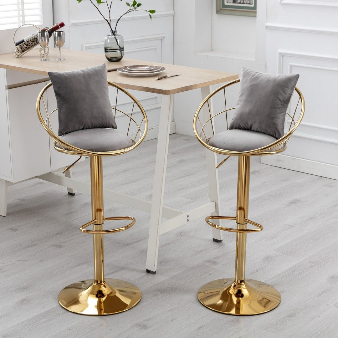 Grey Velvet Bar Chair, Pure Gold Plated, Unique Design, 360 Degree Rotation, Adjustable Height, Suitable for Dinning Image 1
