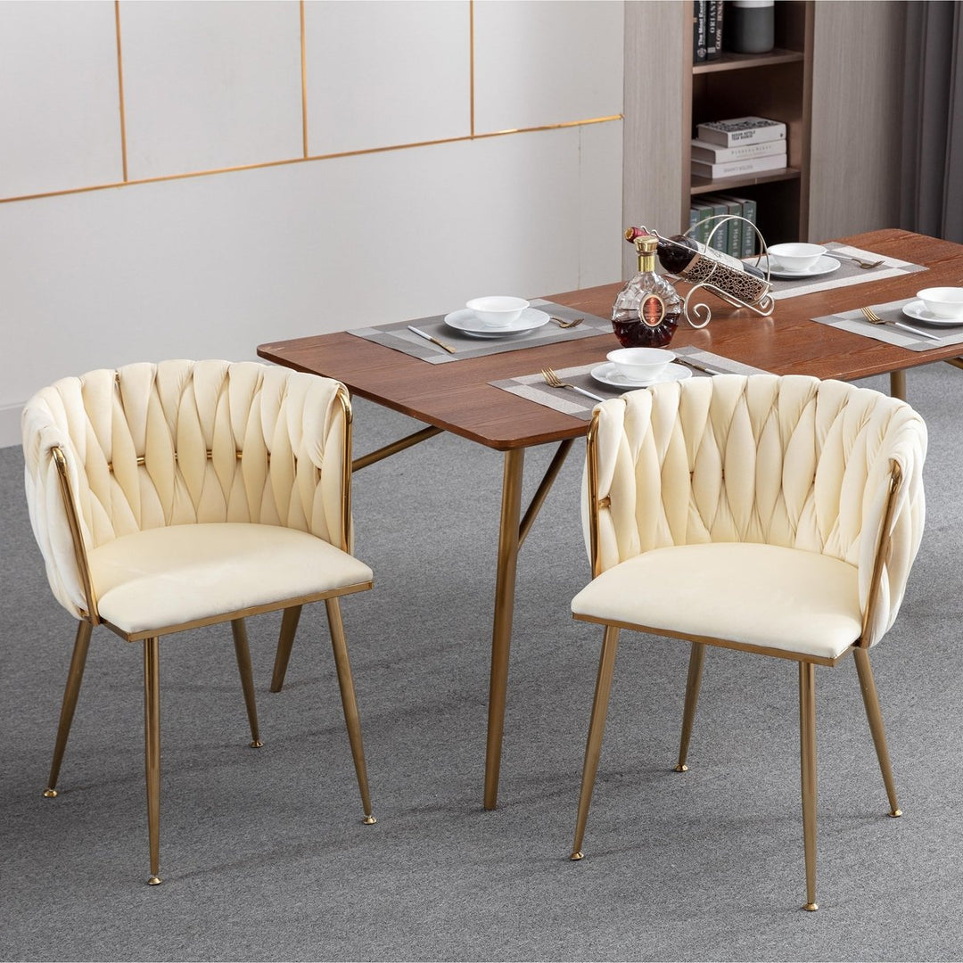 Modern Velvet Dining Chair Set of 2 with Golden Metal Frame and Legs Ivory Color Image 8