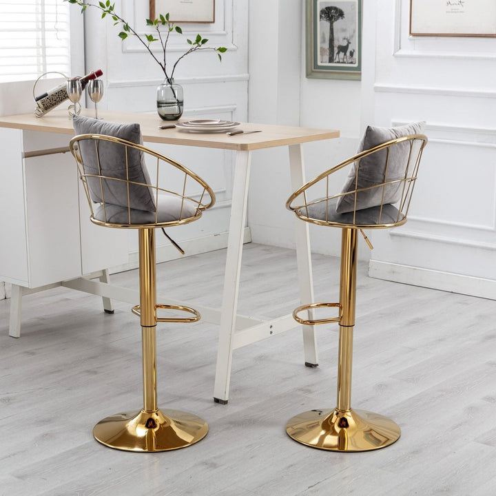 Grey Velvet Bar Chair Set of 2 Gold Plated Adjustable Height 360 Degree Rotation Image 2