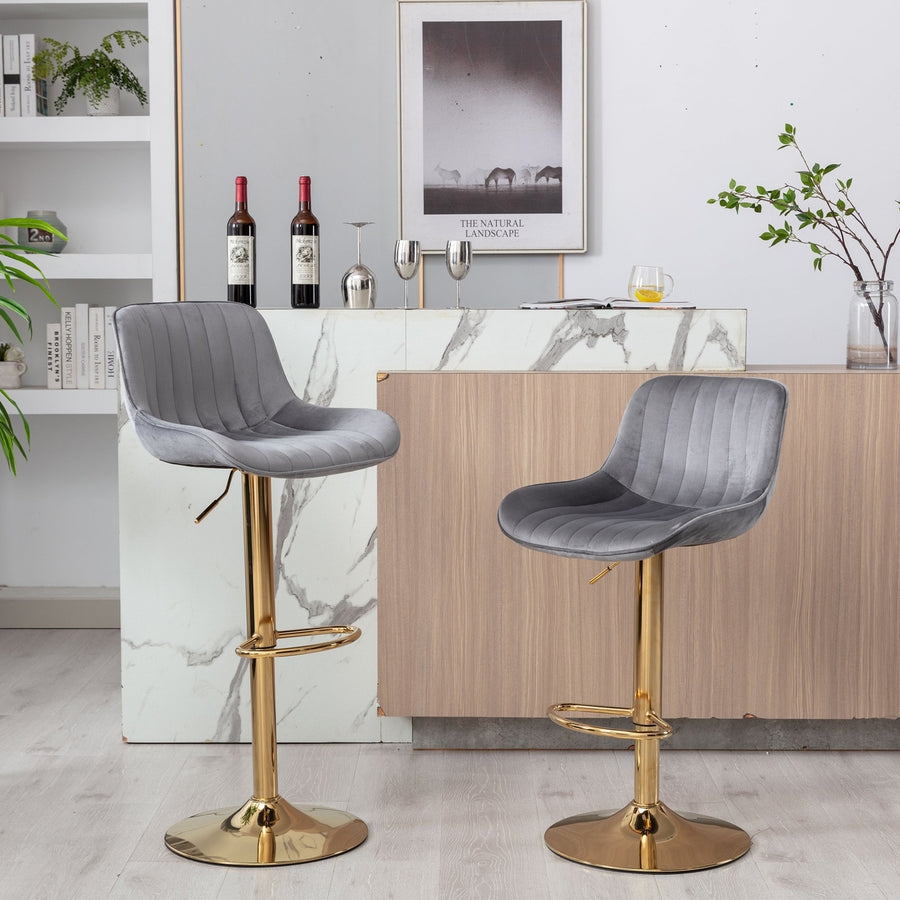 Grey Velvet Swivel Bar Stools Set of 2 Adjustable Height Chrome Footrest Gold Legs Image 1