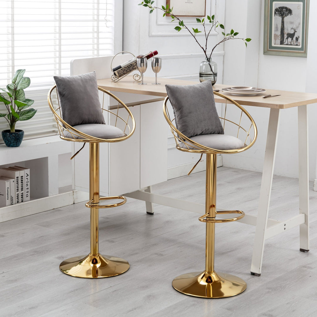 Grey Velvet Bar Chair, Pure Gold Plated, Unique Design, 360 Degree Rotation, Adjustable Height, Suitable for Dinning Image 3