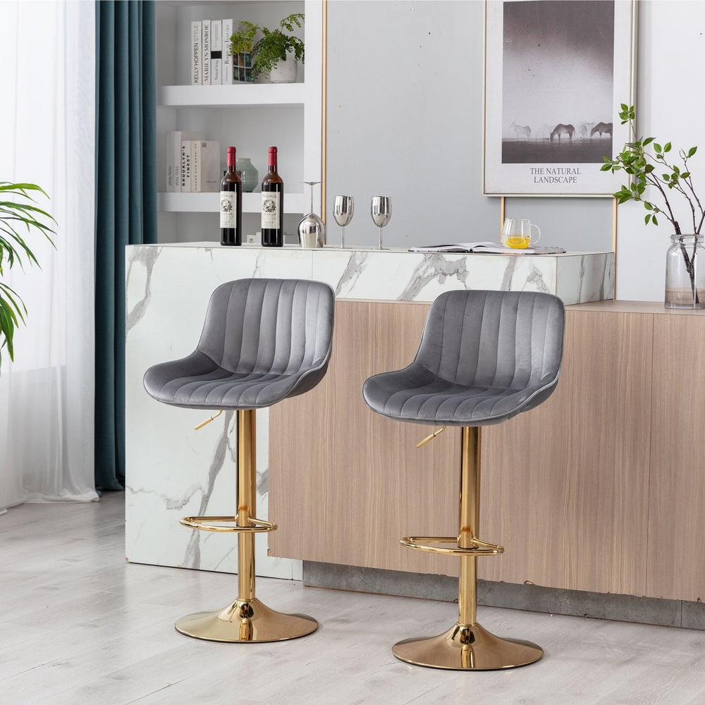 Grey Velvet Swivel Bar Stools Set of 2 Adjustable Height Chrome Footrest Gold Legs Image 2