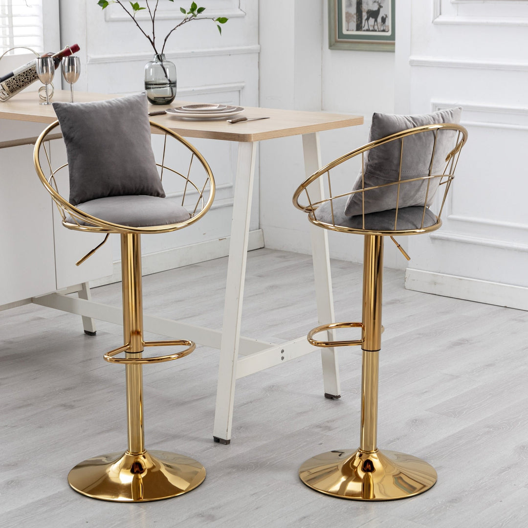 Grey Velvet Bar Chair, Pure Gold Plated, Unique Design, 360 Degree Rotation, Adjustable Height, Suitable for Dinning Image 4