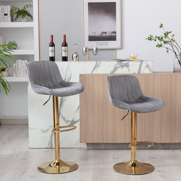 Grey Velvet Swivel Bar Stools Set of 2 Adjustable Height Chrome Footrest Gold Legs Image 3