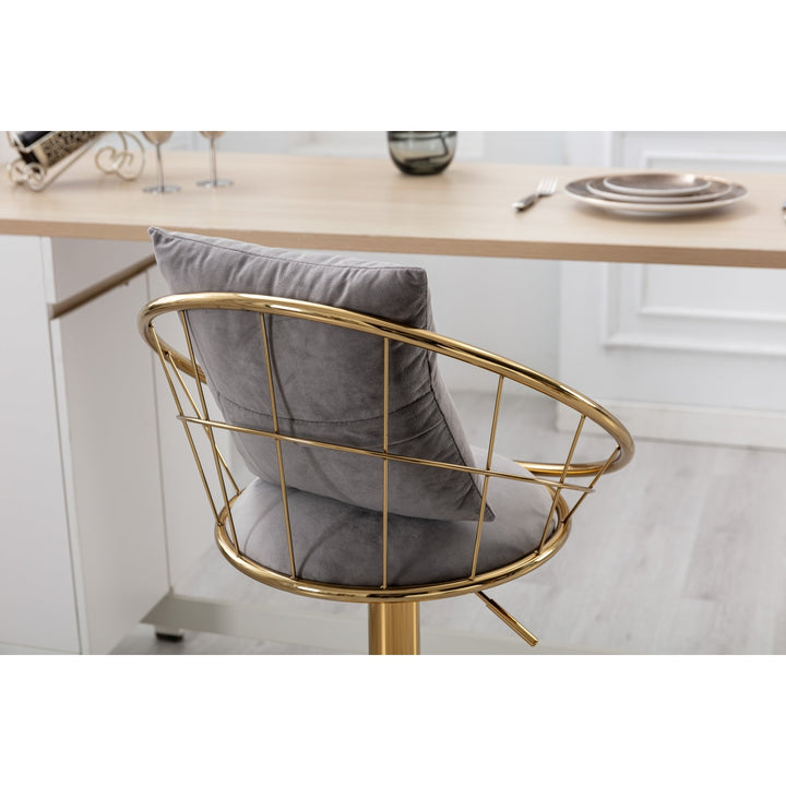 Grey Velvet Bar Chair, Pure Gold Plated, Unique Design, 360 Degree Rotation, Adjustable Height, Suitable for Dinning Image 5