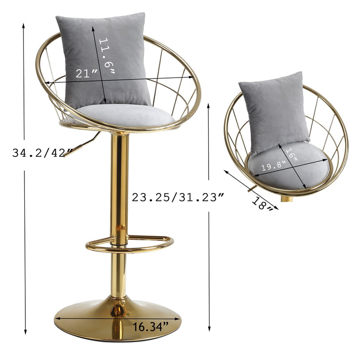 Grey Velvet Bar Chair, Pure Gold Plated, Unique Design, 360 Degree Rotation, Adjustable Height, Suitable for Dinning Image 6
