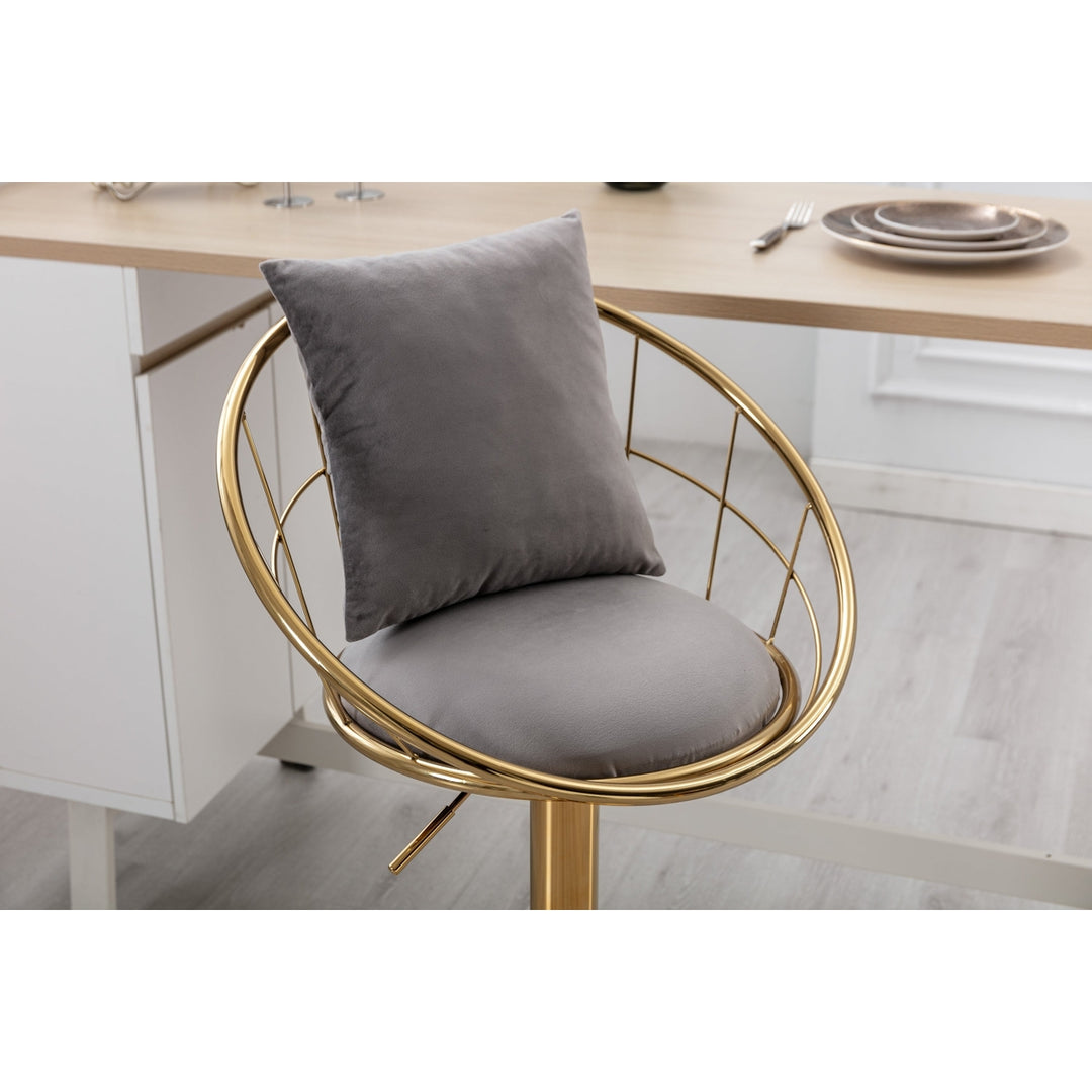 Grey Velvet Bar Chair, Pure Gold Plated, Unique Design, 360 Degree Rotation, Adjustable Height, Suitable for Dinning Image 7