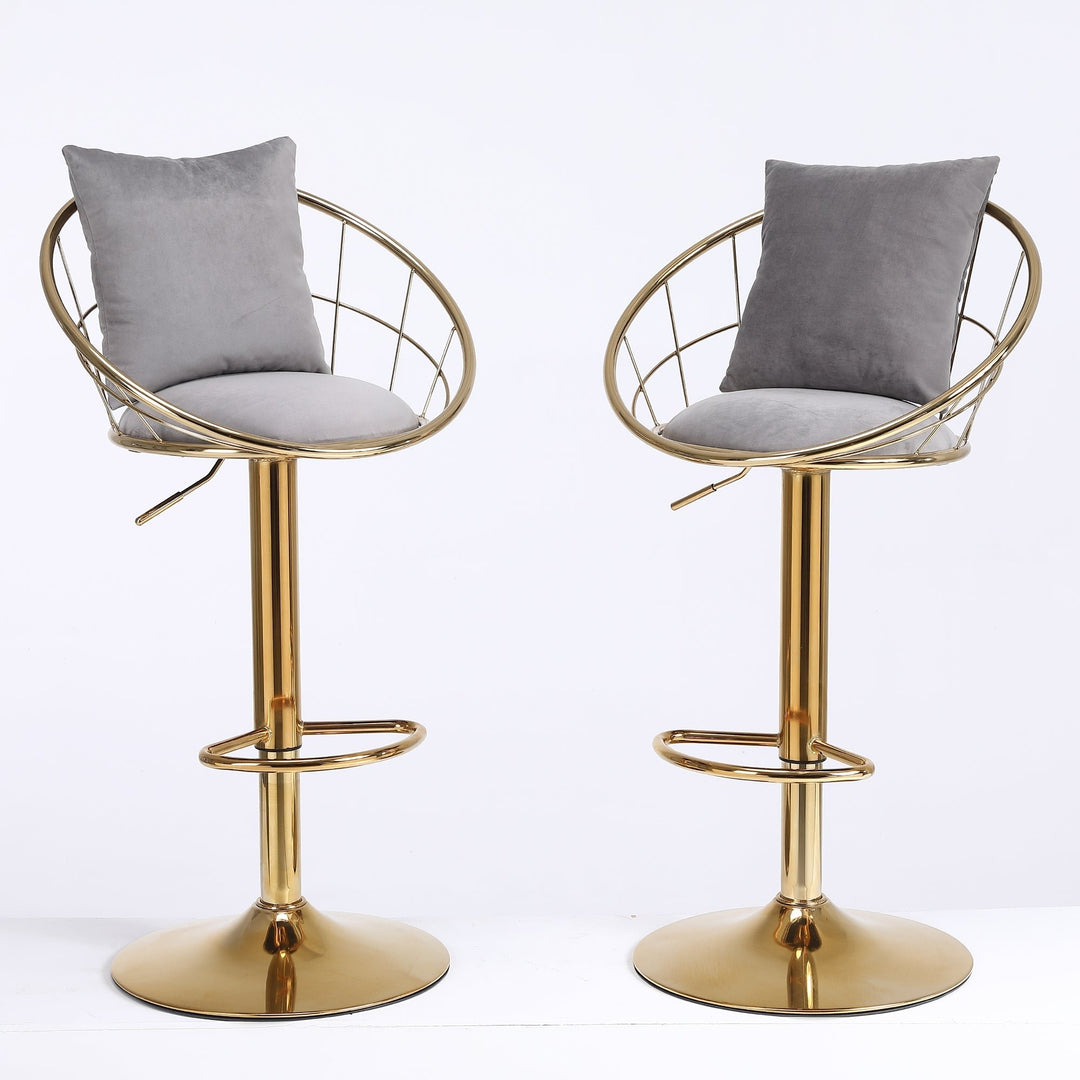 Grey Velvet Bar Chair, Pure Gold Plated, Unique Design, 360 Degree Rotation, Adjustable Height, Suitable for Dinning Image 8