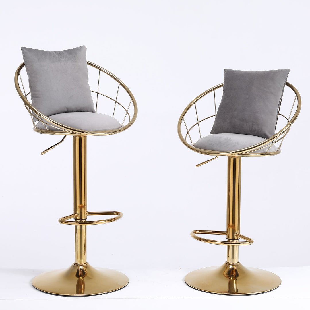 Grey Velvet Bar Chair, Pure Gold Plated, Unique Design, 360 Degree Rotation, Adjustable Height, Suitable for Dinning Image 10
