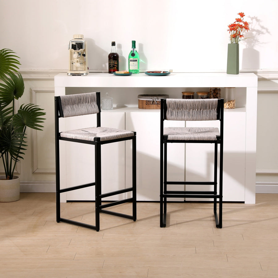 Hand Woven Bar Stools Gray Set of 2 Counter Height Chairs with Back 220lbs Capacity Image 1