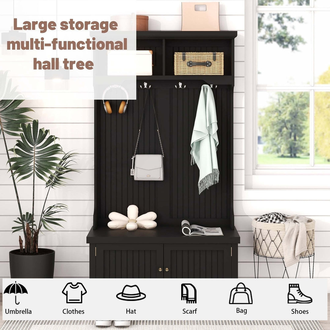 4-in-1 Hall Tree with Storage Shoe Bench Entryway Coat Rack 4 Hooks Black Furniture for Living Room Image 3