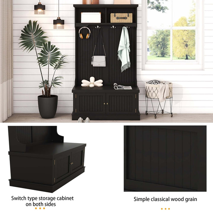 4-in-1 Hall Tree with Storage Shoe Bench Entryway Coat Rack 4 Hooks Black Furniture for Living Room Image 5