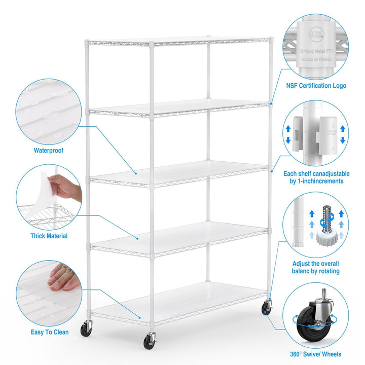 Heavy Duty 5 Tier Adjustable Storage Rack 6000lbs Metal Shelf with Wheels and Shelf Liners 82 H x 48 L x 24 D White Image 7