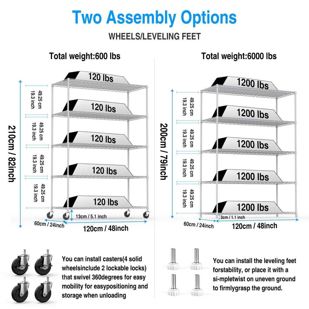 Heavy Duty 5 Tier Adjustable Storage Rack 6000lbs Metal Shelf with Wheels and Shelf Liners 82 H x 48 L x 24 D White Image 8