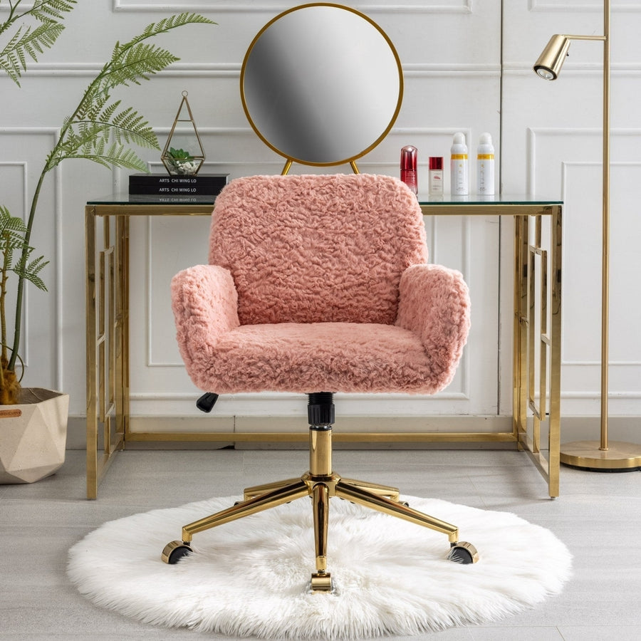 Pink Adjustable Swivel Office Chair Artificial Rabbit Hair with Golden Base Image 1