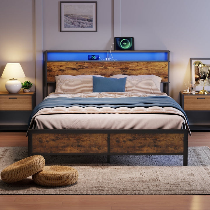 Industrial Full Size Bed Frame with LED Lights and USB Ports, Rustic Brown Storage Frame, Noise Free, No Box Spring Image 1