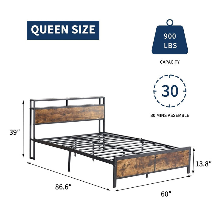 Industrial Full Size Bed Frame with LED Lights and USB Ports, Rustic Brown Storage Frame, Noise Free, No Box Spring Image 2