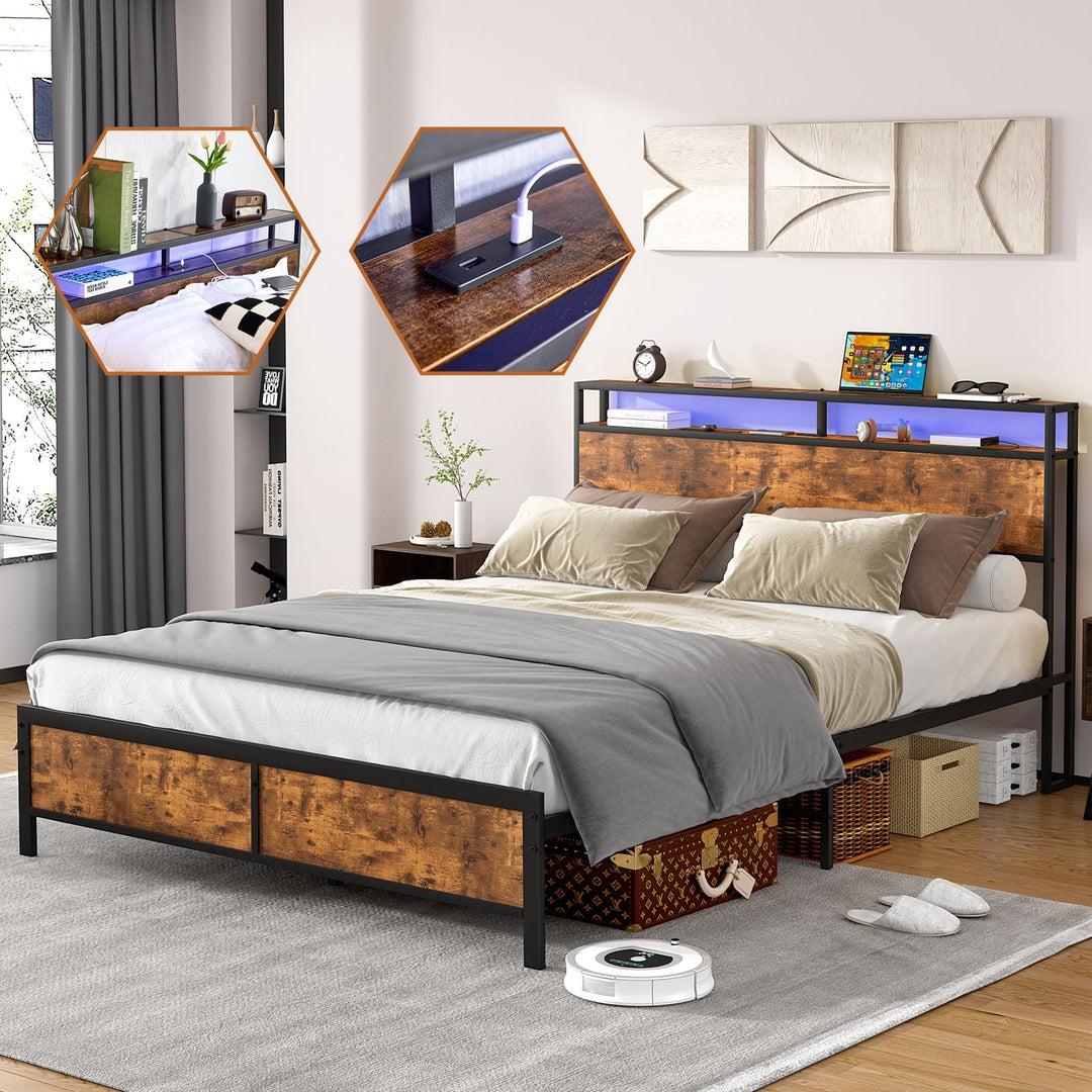 Industrial Full Size Bed Frame with LED Lights and USB Ports, Rustic Brown Storage Frame, Noise Free, No Box Spring Image 3