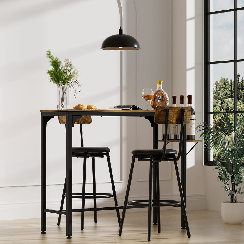 Industrial Metal and Wood Side Table with Two Chairs - Adjustable Bistro Whiskey Pub Table, 47.44W x 15.75D x 35.43H Image 2