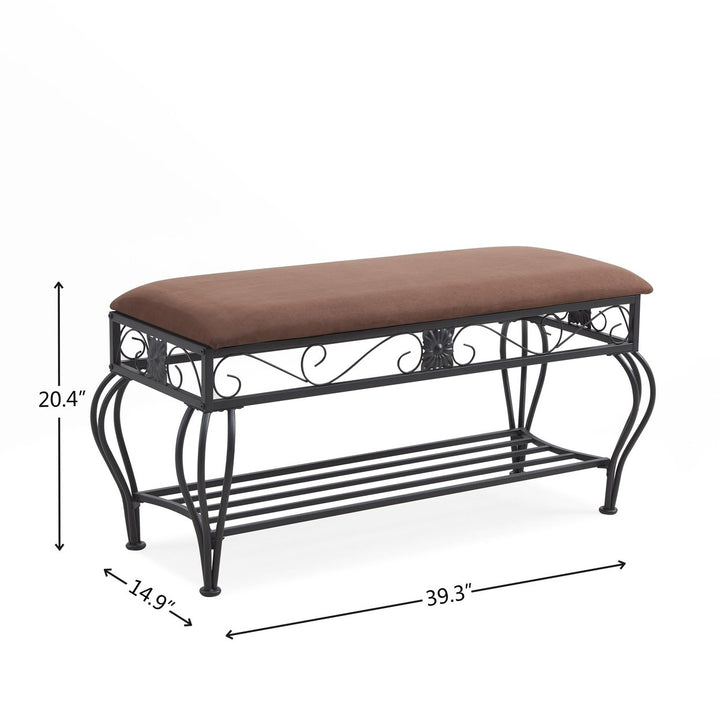 Rustic Upholstered Shoe Rack Bench for Entryway Antique Brown 39in Metal Fabric Image 2